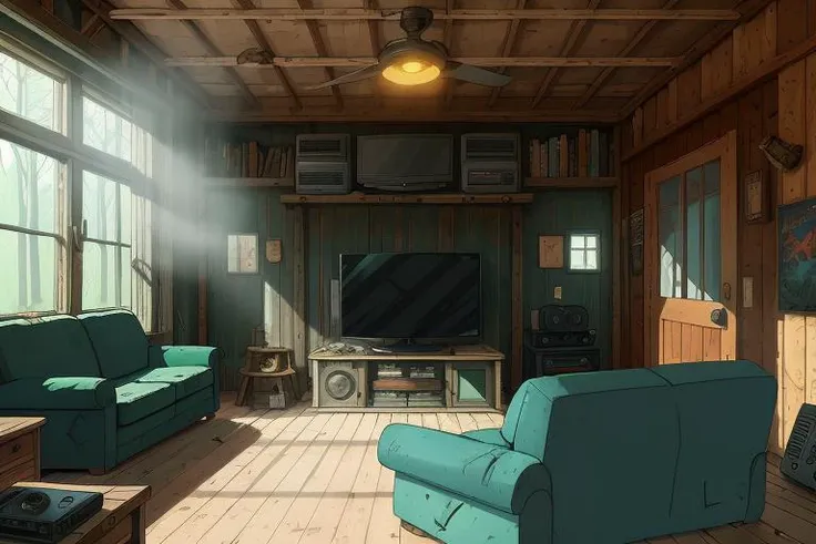 shack interior, window to the woods, broken couch, tv, electronics, sci fi, metal panneling, 8k, uhd, masterpiece, highest quality