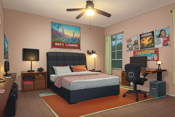 bedroom interior, bed, ikea desk with computer, gaming chair, posters on the wall, 8k, uhd, masterpiece, highest quality