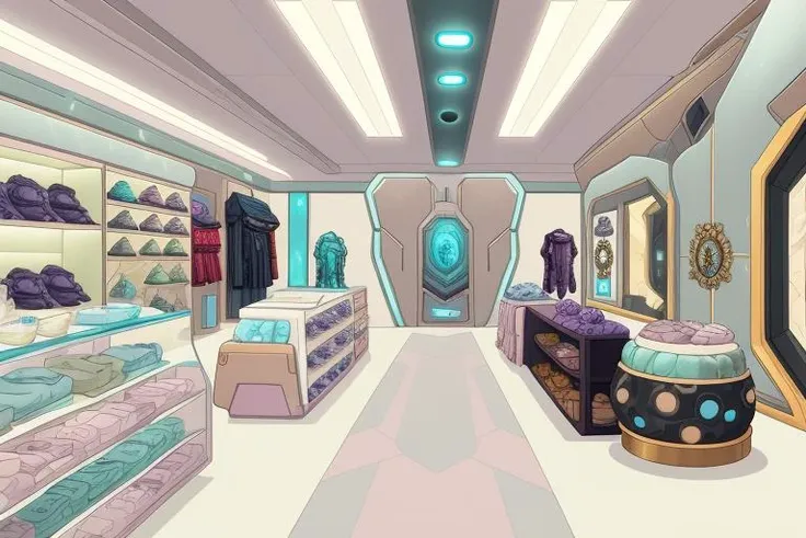 scifi clothing store interior, alien deco, pastel colors, 8k, uhd, masterpiece, highest quality