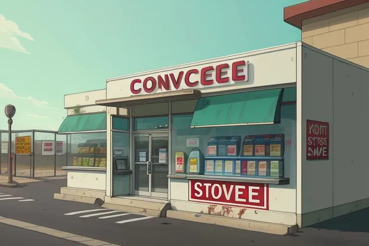 convenience store exterior, sign over the glass door, signs on window, 8k, uhd, masterpiece, highest quality