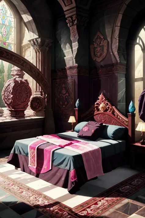 <lora:ram:0.8> magical bed in a magnificent luxurious stone castle Style-Luxury decorative marble columns and polished granite slab floor tapestries ornate details bright morning sunlight shining through large window (Clutter-Home:0.5)