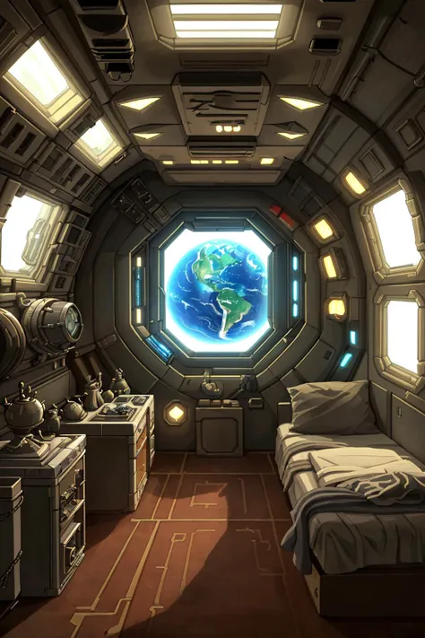 <lora:ram:0.8> living quarters aboard a space station with a large window view of earth
