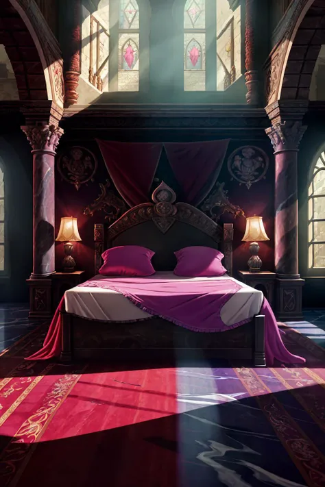 <lora:ram:0.8> magical bed in a magnificent luxurious stone castle Style-Luxury decorative marble columns and polished granite slab floor tapestries ornate details bright morning sunlight shining through large window (Clutter-Home:0.5)
