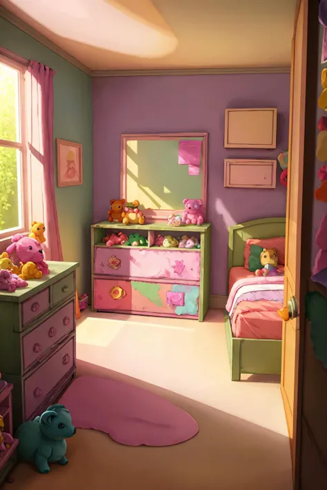 <lora:ram:0.8> girls bedroom with colors toys stuffed animals (bright morning sunlight shining through window Clutter-Home:0.4)
