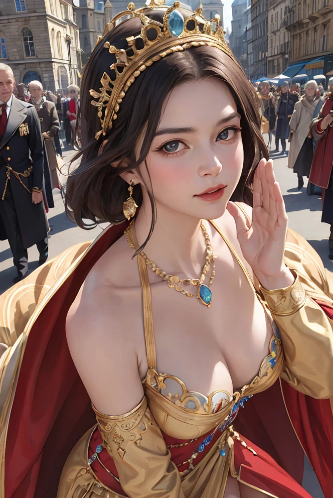 (masterpiece:1.5, best quality:1.5), realistic, (hyper realistic:1.5), (photo realistic:1.5), (real picture, intricate details), looking at viewer, (8k wallpaper:1.5) (from knee to head:1.15), (detailed face:1.5), (detailed eyes:1.5), (sharp photo),highly detailed, ultra-detailed, ultra high res, (strong depth of field:1.5), (lot of crowd:1.3)
Style - Fantasy, Realisitc
Locate - Crowded street in a town or city
Background - A typical 15th century English town or cityscape with buildings and people
Subject - A young queen, around 20 years old, with a regal and determined appearance
View - A frontal or slightly tilted view of the queen, surrounded by a large crowd of people, with some important officials or guards beside her
Appearance - The queen is dressed in a regal and elegant gown, with a crown or a tiara on her head, and some royal jewelry.
Outfit - A long gown with intricate designs, made of luxurious fabric, with a train that follows behind her.
Pose - She is walking forward, with her head held high and her gaze fixed straight ahead, showing confidence and determination.
Details - The crowd behind her can be shown in different poses, with some people bowing or saluting her, while others are cheering or waving flags.
Effects - A sense of motion can be created by showing the queen's gown and hair flowing in the wind, and the crowd in motion around her.
Description - The artwork portrays a young queen on a royal procession, marching among a large and diverse crowd of people, with a determined expression on her face. The 15th century English town or cityscape in the background adds to the historical feel of the artwork, and the regal attire and jewelry of the queen add to the elegance and grandeur of the overall scene.