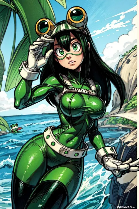 thick outlines, comics, photorealistic, perfect hands, masterpiece:1.2, beach, frogs, 1 girl, solo,<lora:Tsuyu Asui:0.7>, asui tsuyu, green bodysuit, goggles, white gloves, medium breast, detailed background, detailed face, detailed eyes, <lora:add_detail:0.8>