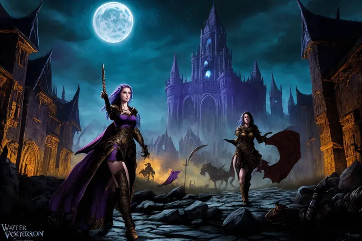 sexy sorceress in engraved skeletal onyx metal dress armor fighting with the werewolf in a dark alley at night, there are some torches flaming and lighting the scene, some crawlers lurking around, fantasy, dark fantasy, high details, very detailed, blue hollow on the background