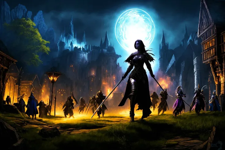 role-playing game (RPG) style fantasy KParkinson, epic woman warrior, standing outdoor, night, city of waterdeep in forgottenrealms, Classic_DnD , Demon_War, MegaTits, <lora:Classic_DnD:0.2> <lora:Demon_War-000008:0.2> <lora:MegaTits-000010:0.2> <lora:KParkinson-000008:0.2>, detailed, vibrant, immersive, reminiscent of high fantasy RPG games
