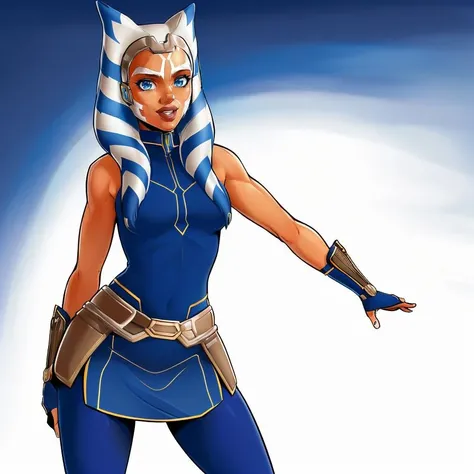 (masterpiece, best quality:1.2), (perfect anatomy:1.2), Duss Art, AhsokaS7, colored skin, (1girl, solo:1.1), looking at viewer, medium breasts, blue eyes, wide hips, seductive smile, AhsokaS7Outfit, blue shirt, vambraces, fingerless gloves, hip armor, blue skirt, blue leggings, knee boots, dynamic pose, mature female, <lora:AhsokaS7_V1-Manityro-dadapt:.7> <lora:DussArtLORA:.8>