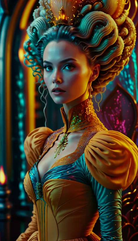 Futuristic, Baroque, Cyberpunk, breathtaking food photography style Cold Colors, cinematic, photography, intricate, sophisticated, transcendent, timeless, her hair is Honey, Amusing, Offset print, A captivating photograph captures a woman in a honey-colored dress amidst cold colors. The cinematic composition of the shot gives it an artistic feel. The intricate details in the background create depth and sophistication. The amusing offset print adds a touch of humor to the scene. The overall effect . appetizing, professional, culinary, high-resolution, commercial, highly detailed . award-winning, professional, highly detailed