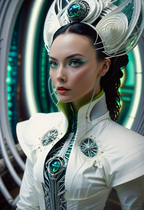 Futuristic, Baroque, Cyberpunk, geometricorigami style by Geof Kern, photograph, (dramatic, dynamic, interior futuristic space ship, baroque energy gate, grace wong, innovative and practical, with renewable energy engineer's attire, determined eyes, and a green outlook., high-definition, detailed, striking, captivating:1.2) , Thunderstorm, Metalcore, Ilford XP2 400, Depth of field 100mm, Geoff Kern Photography presents a dramatic scene from inside a futuristic spaceship. The main focus is a Renewable Energy Engineer dressed in a white lab coat and black pants. Her determined eyes gaze into the distance while her hand rests gently on the metal railing of the baroque energy . paper art, pleated paper, folded, origami art, pleats, cut and fold, centered composition