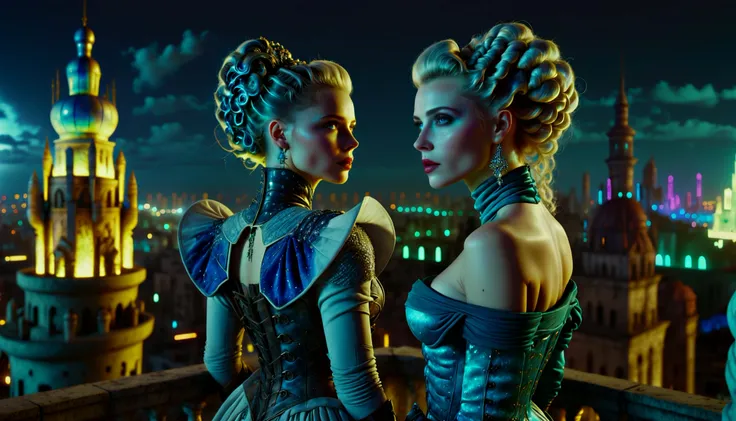 Futuristic, Baroque, Cyberpunk, breathtaking obese (cinematic, photography, cyberpunk city at night, baroque towers, standing on a balcony, overlooking the city, lara bishop, adventurous and practical, with a geologist's kit, weathered boots, and a sun-kissed complexion., intricate, sophisticated, transcendent, timeless:1.2) , Trendy hair styled as Dutch braid, Excessivism, Geof Kern, CineColor, In this cinematic masterpiece, Lara Bishop is seen embracing her adventurous spirit amidst a sprawling cyberpunk city at night. The baroque towers loom in the background, their intricate architecture bathed in the glow of neon lights. As she stands confidently on . award-winning, professional, highly detailed
