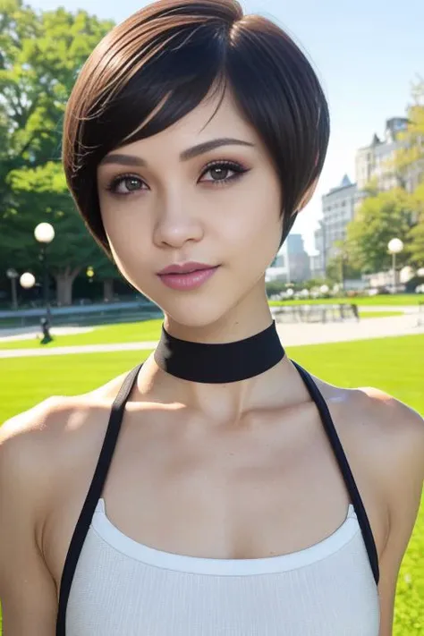 photo of  pixie cut dynamic posture, slender physique, (hair bob cut), teasing smirk, (extremely detailed:1.3), (textured skin:1.3), (slutty makeup:1.3), small, petite, lipstick, (detailed eyes), highres, realistic lighting, freckles, choker, (cheerleader clothing:1.2), (background in public park:1.2), (sunny:1.3)<lora:CadeyMerc:1.0>