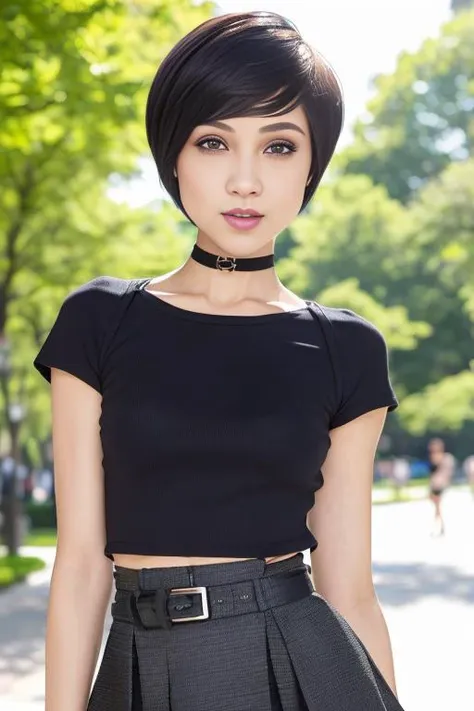 photo of  (Textured Pixie Cut ) dynamic posture, slender physique, (hair bob cut), teasing smirk, (extremely detailed:1.3), (textured skin:1.3), (slutty makeup:1.3), small, petite, lipstick, (detailed eyes), highres, realistic lighting, freckles, choker, (tshirt and skirt), (background in public park:1.2), (sunny:1.3)<lora:CadeyMerc:1.0>