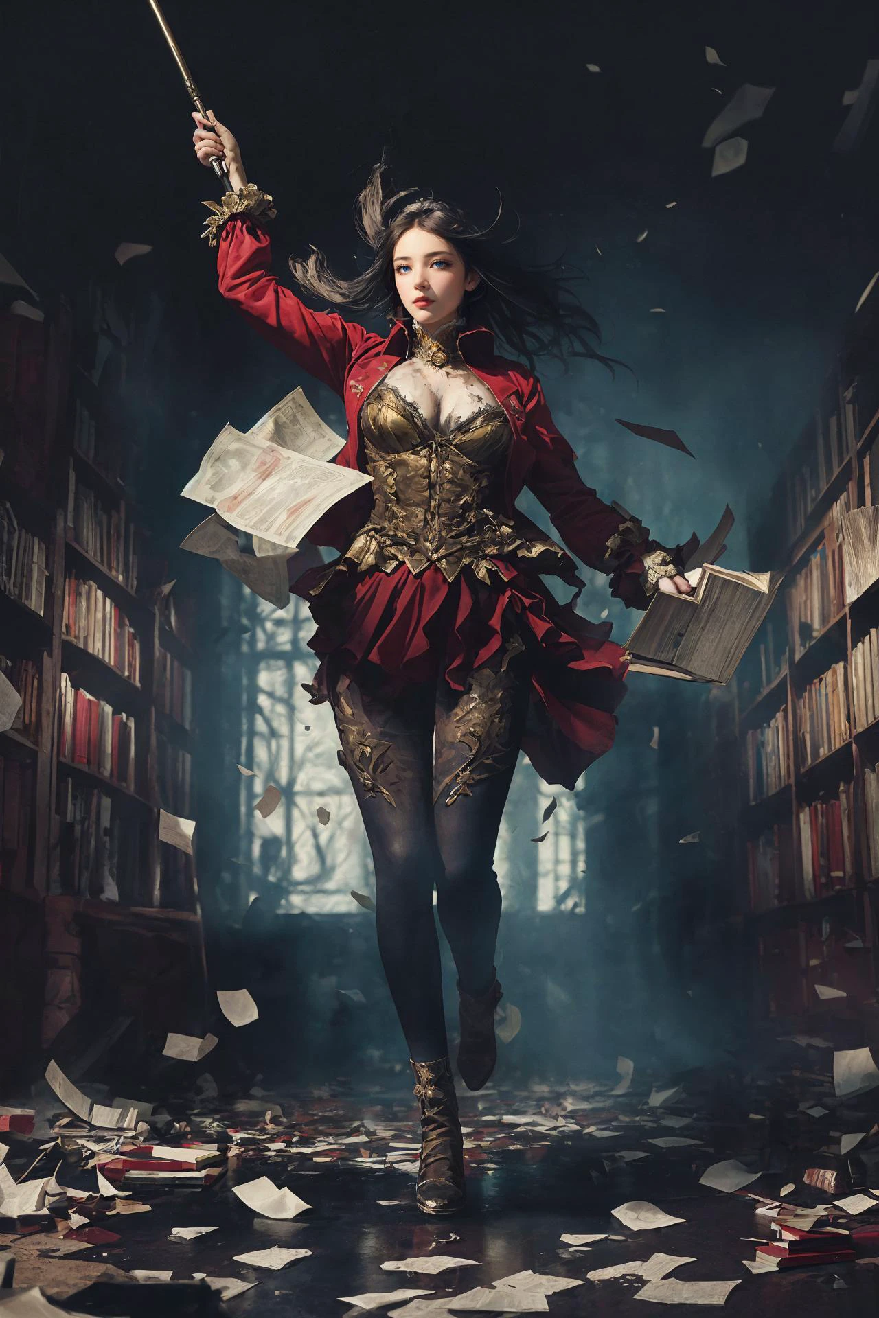 1 girl, solo, full body, wizard costume, (hand a magic wand:1.2), in a library, (floating, flying in the air:1.4),(surrounded by flying books:1.5), <lora:libbg_v16:0.5> lib_bg, <lora:Concept - Paper Explosion:0.3> paperexplosion, surrounded by papers, papers flying in the air, papers flying from, <lora:LowRA:0.5>(Style of William Etty:1.5) (photorealistic:1.4),detail face, (dramatic, gritty, intense:1.4),(masterpiece,top quality,best quality,official art,beautiful and aesthetic:1.2),
