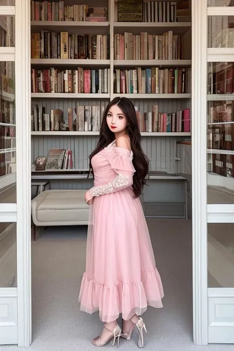 1girl, studio soft light, ultra detailed, 8k <lora:koreanDollLikeness:0.7>, full body <lora:libbg_v16:0.8>, lib_bg, pink dress, long hair, bookshelf