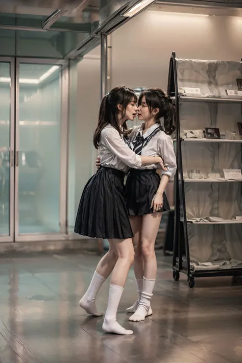 (masterpiece,best quality,hyper quality,8k,absurdres,insane details,intricate details,hyperdetailed,high detail,ultra detailed,realistic:1.4, ) (depth of field:1.4,),(2girls:1.2),(long legs:1.2),tall female, girls one tall and one short,,clear eyes,kiss,yuri,looking at each other,hug,passionate,touching,tongue,mouth open,<lora:yurikiss:1>,<lora:add_detail:0.3>,<lora:epi_noiseoffset2:0.2>,
<lora:mathayom22:0.6> ,mathayom uniform, white shirt short sleeves, black pleated long skirt,necktie,
<lora:libbg_v16:1.2>,Reflected light,lib_bg,library,bookshelf,
<lora:breastinclassBetter:0.3>,
white socks,socks,
<lora:taiwanDollLikeness_v20:0.6>,