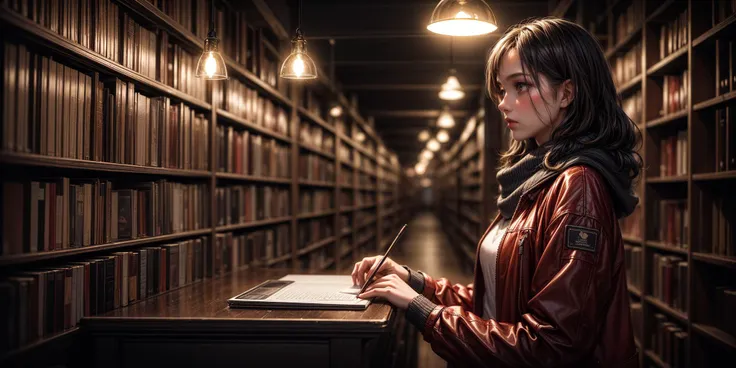 masterpiece,best quality,photorealistic,lifelike rendering,1girl,red jacket,
chestnut,cowboy shot,side view,evening,night shot,a girl,film grain:1.2,winter jacket,scarf,Radiant Comfort,Golden Hour,Cozy Ambiance,
<lora:libbg_v11:1> lib_bg,desk,waiting for his lover,