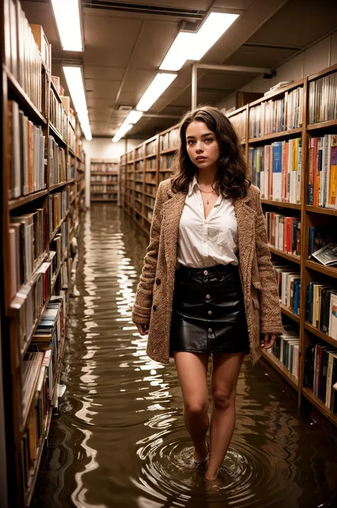 A young woman wearing vintage clothes in the year 1980 in a flooded lib_bg.
(young sexy woman)
<lora:Library bookshelf:0.6>