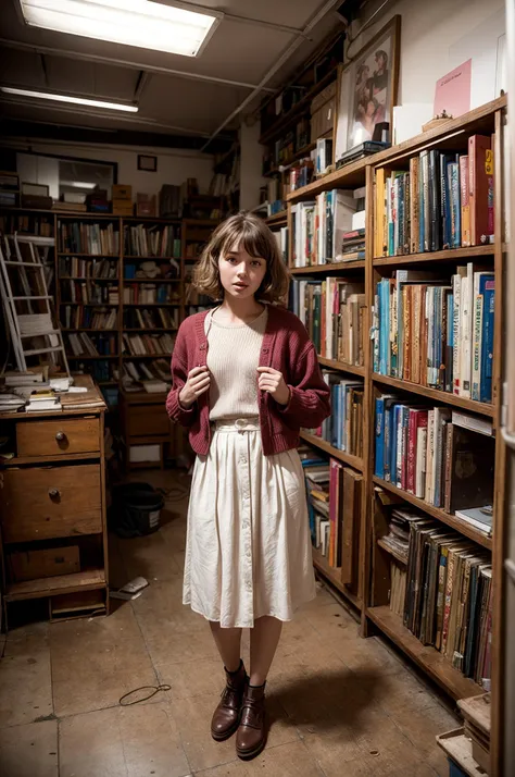 A young woman wearing vintage clothes and sweater in the year 1980 in an utterly derelict lib_bg.
(young sexy woman)
<lora:Library bookshelf:0.6>