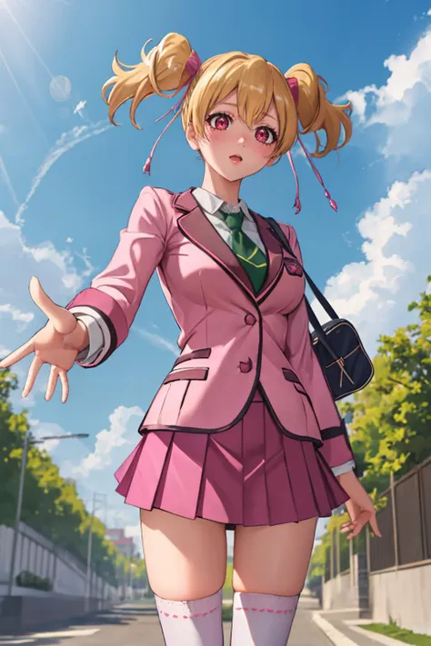 ultra detailed, sharp focus, best quality, masterpiece, colorful, <lora:CurePeach:1> MomozonoLove, school uniform, red eyes, glowing eyes, green necktie, pink blazer, pink skirt, pleated skirt, kneehighs, reaching out, hand forward, POV, bottom up view, best quality, masterpiece, intricate details