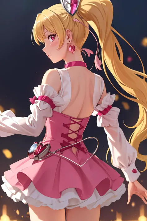 ultra detailed, sharp focus, best quality, masterpiece, colorful, <lora:CurePeach:0.9> MomozonoLove, CurePeach, very long hair, light blonde hair, earrings, heart hair ornament, pink choker, pink dress, short sleeves, corset, backside view, looking at the viewer, v-signs, wrist cuffs, best quality, masterpiece, intricate details