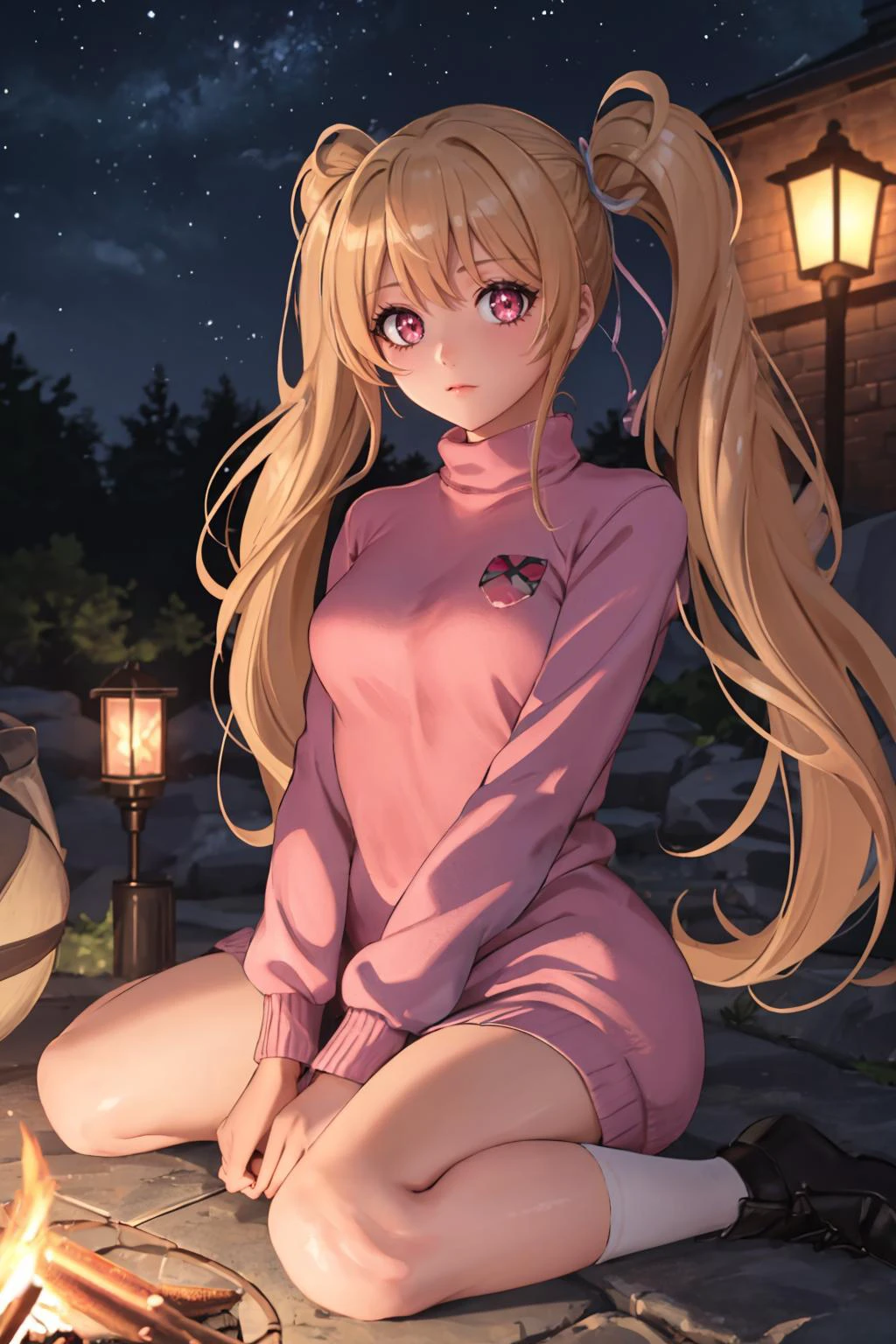 ultra detailed, sharp focus, best quality, masterpiece, dynamic lighting, <lora:CurePeach:0.9> MomozonoLove, very long hair, sitting on the ground, campfire, pink eyes, oversized turtleneck sweater, evening, looking at the viewer