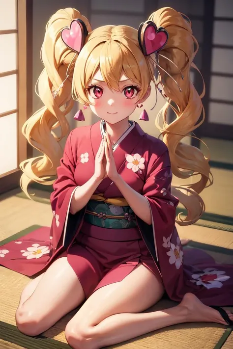 masterpiece, best quality, absurdres, perfect anatomy, 1girl, solo, CurePeach, very long hair, blonde hair, earrings, heart hair ornament, indoors, kimono, floral print, wariza, sitting, hands on own knees, <lora:CurePeach:1>