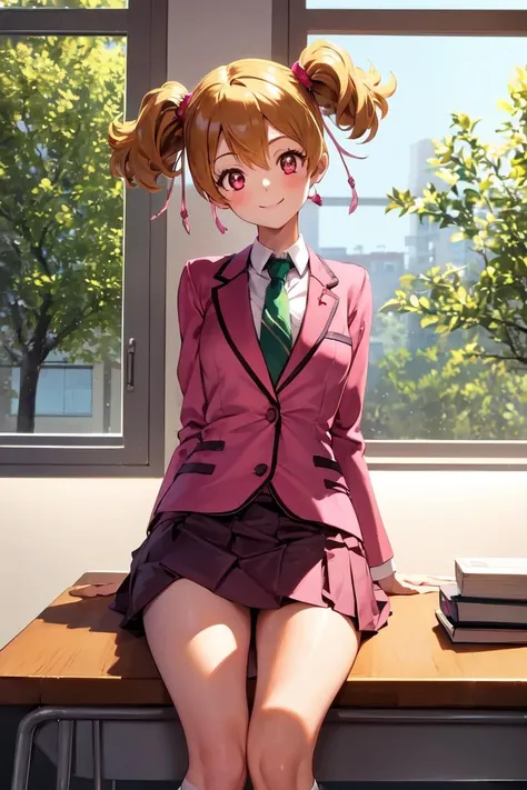 masterpiece, best quality, absurdres, perfect anatomy, 1girl, solo, MomozonoLove, school uniform, green necktie, pink blazer, pink skirt, pleated skirt, kneehighs, sitting, smile, classroom, window, indoors, courtyard, tree, <lora:CurePeach:1>