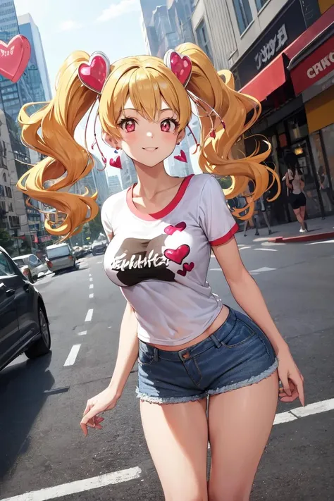 masterpiece, best quality, absurdres, perfect anatomy, 1girl, solo, CurePeach, long hair, blonde hair, earrings, heart hair ornament, t-shirt, denim shorts, city scene, smile, <lora:CurePeach:1>