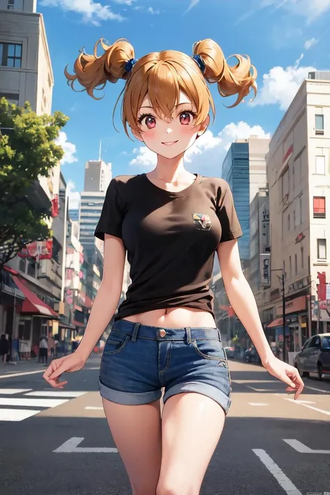 masterpiece, best quality, absurdres, perfect anatomy, 1girl, solo, MomozonoLove,  t-shirt, denim shorts, city scene, smile, <lora:CurePeach:1>