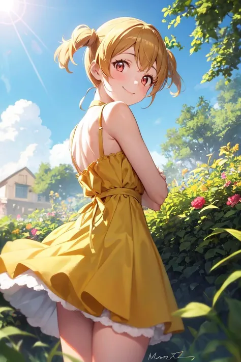 masterpiece, best quality, absurdres, perfect anatomy, 1girl, solo, MomozonoLove, from behind, (yellow sundress), garden, day, sunshine, smile, looking back, <lora:CurePeach:1>