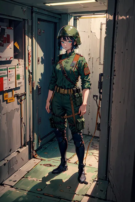 (masterpiece,best quality),1girl,standing,solo,((style of Vietnam War)),facing viewer,in concrete bunker,bunk room,military uniform,green clothes,military fatigues,breastplate,dark skin,full body,body armor,((extremely short hair,crew cut)),expressionless,helmet