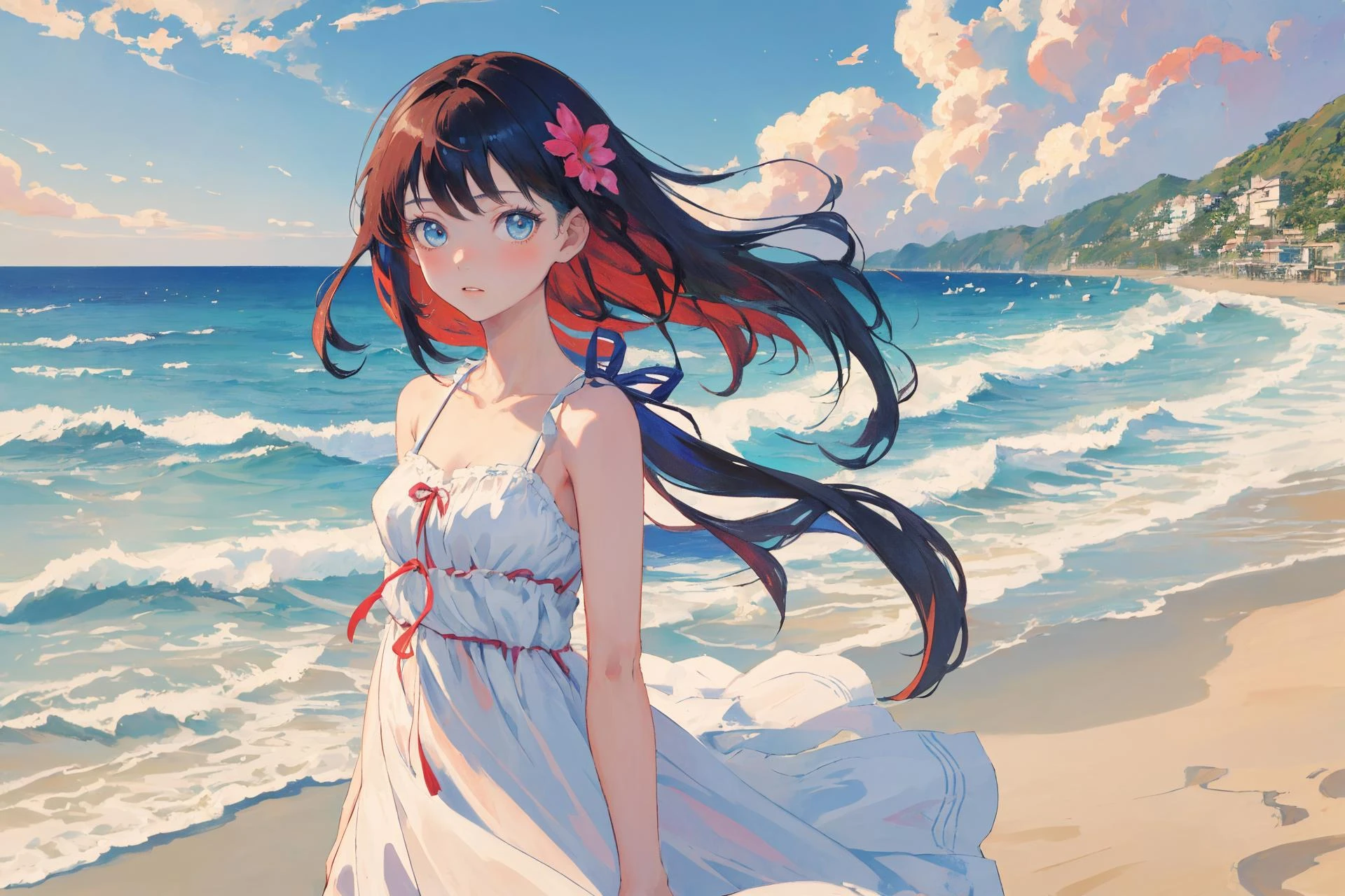 high quality, masterpiece, 1girl, beach, wind blowing, dress