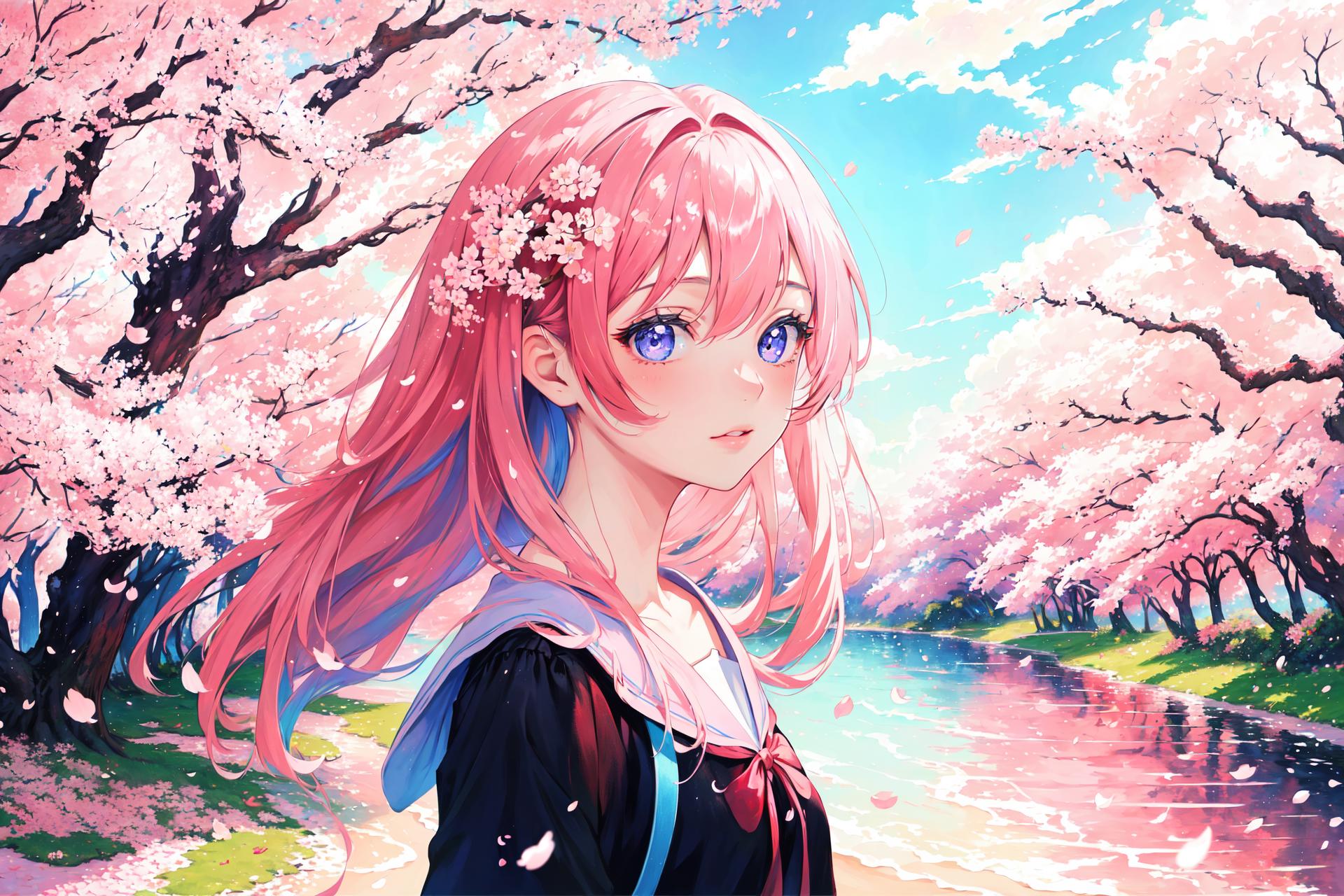 Anime girl with pink hair and blue eyes standing in front of a river ...