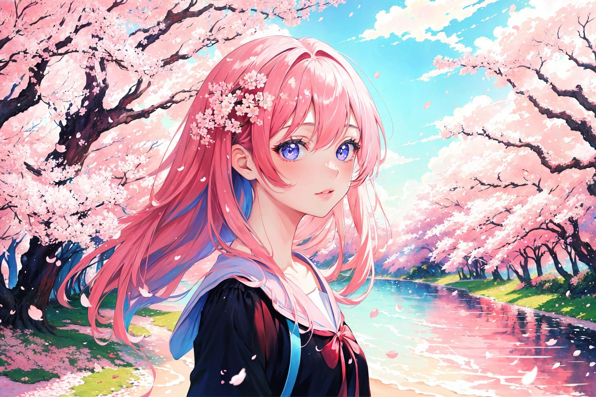high quality, masterpiece, 1girl, cherry blossoms,