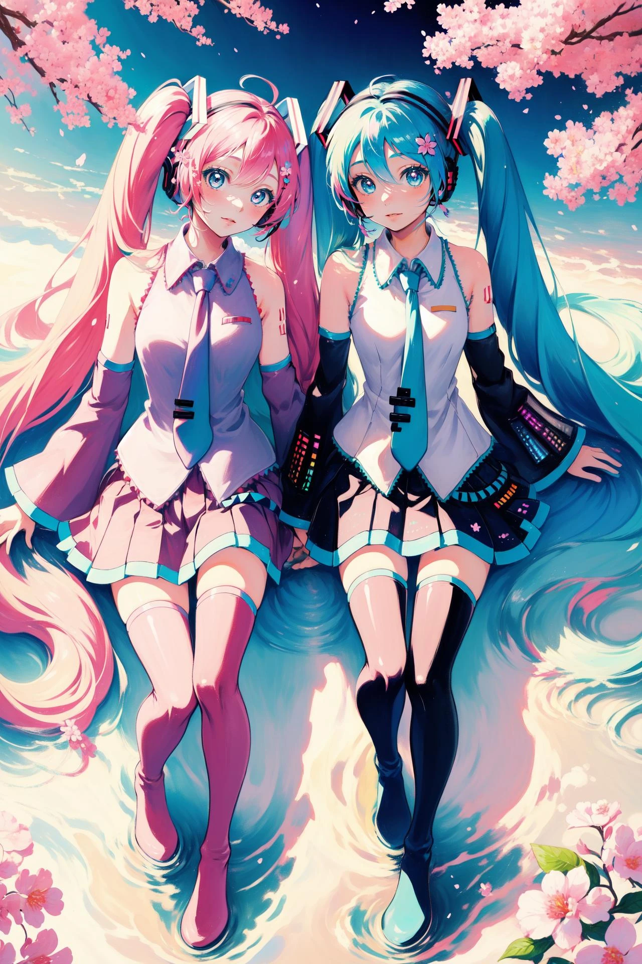 2girls, hatsune miku, cute, twintails, thighhighs, <lora:hatsunemiku1:1> sakuramiku,