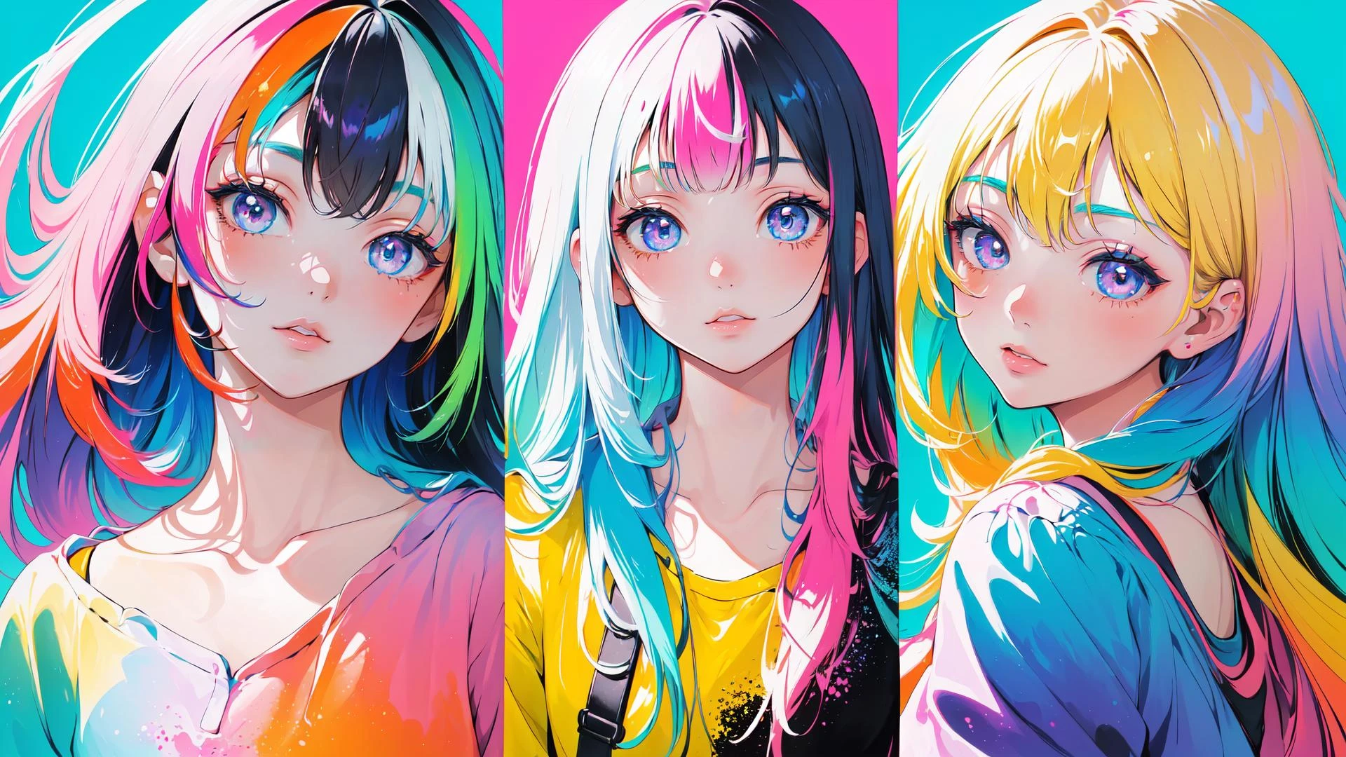 (3girls:1.1), multicolored background, symmetry,