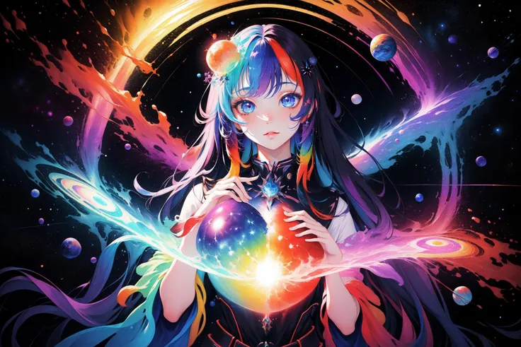 psychedelic, (fantasy space:1.2), multiple planets, (fantasy galaxy:1.2), 1girl, psychedelic goddess, rainbow lighting, magical, masterpiece, high quality, 4k, symmetry,