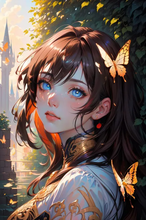 8k portrait of beautiful cyborg with brown hair, intricate, elegant, highly detailed, majestic, digital photography, art by artgerm and ruan jia and greg rutkowski surreal painting gold butterfly filigree, broken glass, (masterpiece, sidelighting, finely detailed beautiful eyes: 1.2), hdr, <lora:more_details:0.36>