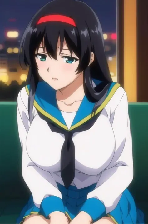 (Night:1.7), Cyberpunk_CityView, Before Window,
sitting at attention,sitting on couch,long_sleeves,
sailor outfit,blouse, blue_sailor_collar, blue_skirt,neckerchief, pleated_skirt, sailor_collar, school_uniform, serafuku,white_blouse, white_shirt,
<lora:Yuri_Himeno-KK77-V1:0.7>,<lora:saiminSeishidou:0.2>,red_hairband,<lora:Mai_Shiranui_KK77-V1:0.1>,
black_hair,long_hair,Green_eyes,Sidehair, Straight, V Bangs,
1 girl, 20yo,Young female,Beautiful Finger,Beautiful long legs,Beautiful body,Beautiful Nose,Beautiful character design, perfect eyes, perfect face,
looking at viewer, (innocent_big_eyes:1.0),(expressionless:1.3),
NSFW,official art,extremely detailed CG unity 8k wallpaper, perfect lighting,Colorful, Bright_Front_face_Lighting,
(masterpiece:1.0),(best_quality:1.0), ultra high res,4K,ultra-detailed,
photography, 8K, HDR, highres, absurdres:1.2, Kodak portra 400, film grain, blurry background, bokeh:1.2, lens flare, (vibrant_color:1.2)
(Beautiful,large_Breasts:1.4), (beautiful_face:1.5),(narrow_waist),