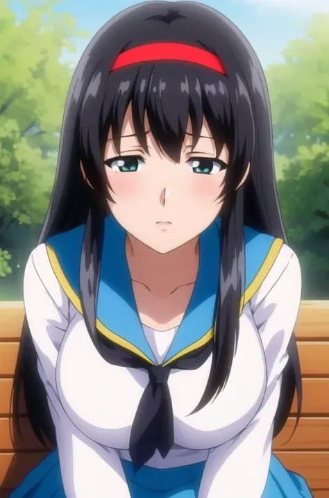 (day:1.7), outdoors, park, park_bench, plant, road,fence, grass,tree,
sitting at attention,sitting on bench,White_panties,
sailor outfit,blouse, blue_sailor_collar, blue_skirt,neckerchief, pleated_skirt, sailor_collar, school_uniform, serafuku,white_blouse, white_shirt,long_sleeves,
<lora:Yuri_Himeno-KK77-V1:0.7>,<lora:saiminSeishidou:0.2>,red_hairband,<lora:Mai_Shiranui-KK77-V2:0.1>,
black_hair,long_hair,Green_eyes,Sidehair, Straight, V Bangs,
1 girl, 20yo,Young female,Beautiful Finger,Beautiful long legs,Beautiful body,Beautiful Nose,Beautiful character design, perfect eyes, perfect face,
looking at viewer, (innocent_big_eyes:1.0),(expressionless:1.3),
NSFW,official art,extremely detailed CG unity 8k wallpaper, perfect lighting,Colorful, Bright_Front_face_Lighting,
(masterpiece:1.0),(best_quality:1.0), ultra high res,4K,ultra-detailed,
photography, 8K, HDR, highres, absurdres:1.2, Kodak portra 400, film grain, blurry background, bokeh:1.2, lens flare, (vibrant_color:1.2)
(Beautiful,large_Breasts:1.4), (beautiful_face:1.5),(narrow_waist),