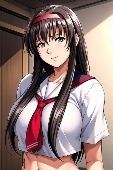 Simple White Background,
sailor collar, school uniform,serafuku, white shirt,red neckerchief,
<lora:Yuuri_Himeno_Kisaku-KK77-V2:0.7>,
black hair,green eyes,long hair,Bangs,Red Hairband,
<lora:Mariana_Luciano_NON_VIRGIN-KK77-V1:0.3>,<lora:more_details:0.1>,
1 girl, 20yo,Young female,Beautiful Finger,Beautiful long legs,Beautiful body,Beautiful Nose,Beautiful character design, perfect eyes, perfect face,expressive eyes,perfect balance,
looking at viewer,(Focus on her face),closed mouth, (innocent_big_eyes:1.0),Light_Smile,
official art,extremely detailed CG unity 8k wallpaper, perfect lighting,Colorful, Bright_Front_face_Lighting,shiny skin,
(masterpiece:1.0),(best_quality:1.0), ultra high res,4K,ultra-detailed,
photography, 8K, HDR, highres, absurdres:1.2, Kodak portra 400, film grain, blurry background, bokeh:1.2, lens flare, (vibrant_color:1.2),professional photograph,
(Beautiful,large_Breasts:1.4), (beautiful_face:1.5),(narrow_waist),