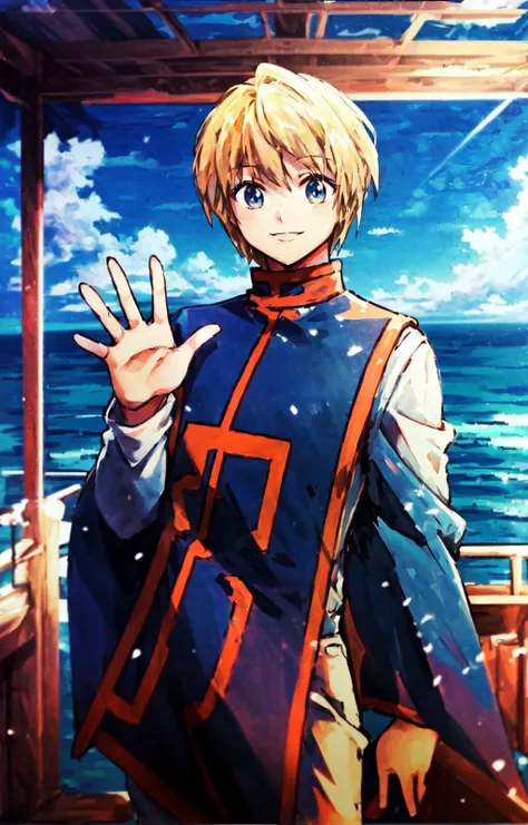 Kurapika <lora:Kurapika:0.8>, masterpiece,best quality,blue poncho, red trim, white shirt, white pants, ( waving, hand up, smile:1.1), on a boat, ocean,