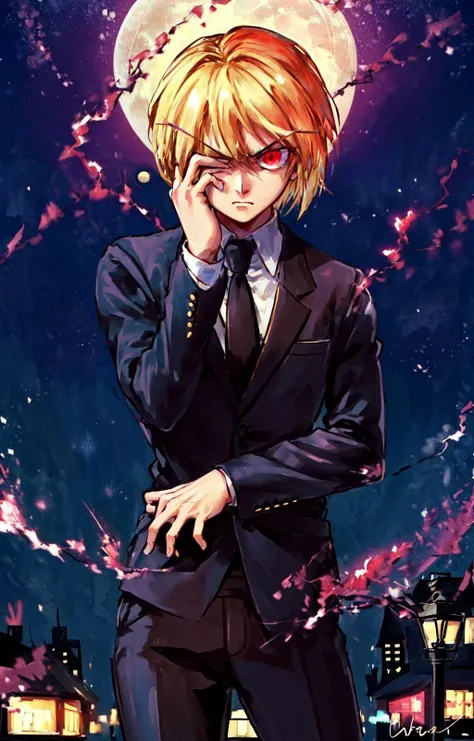 Kurapika <lora:Kurapika:0.8>, masterpiece,best quality,black suit, formal, necktie, collared shirt,  ( hand on own face, angry, covering one eye,  covering face:1.2),  ,glowing red eyes, looking at viewer, close up,  moon, skynight, in the city, lamppost, cars