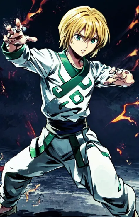 Kurapika <lora:Kurapika:0.8>, masterpiece,best quality,white karate uniform, green trim, waist-sash, black undershirt, white pants, ( punch, action lines, practicing martial arts, action scene, dynamic pose:1.2), dojo