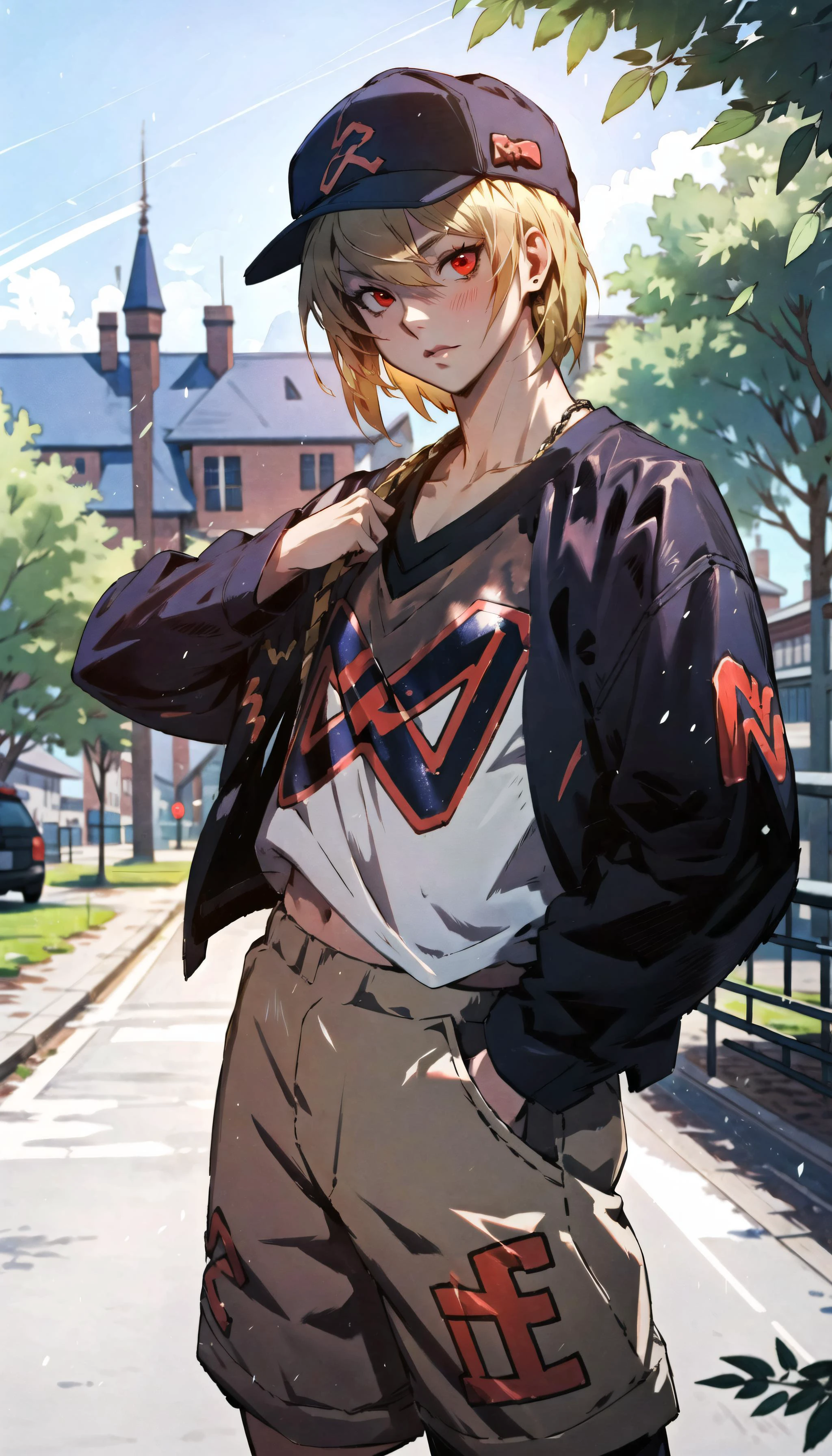 (cowboy shot), sfw, (masterpiece), (best quality:1.0), (ultra highres:1.0), detailed eyes
BREAK
<lora:Kurapika:0.7> Kurapika, 1boy, male focus, red eyes,
<lyco:edg90hh, wearing edg90hh_clothing:0.8> edg90hh, wearing edg90hh_clothing,
brown jacket, baseball cap, jewelry, shorts, v-neck shirt
BREAK
(countryside, outdoors, gorgeous view)