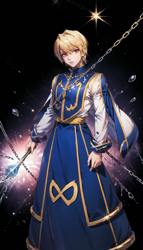 (cowboy shot), sfw, (masterpiece), (best quality:1.0), (ultra highres:1.0), detailed eyes
BREAK
<lora:Kurapika:0.8> Kurapika, 1boy, male focus, red eyes, chains, rings, standing, full body
blue tabard, white shirt, gold trim
<lora:FEH_Concept_v2:1> feh, aura
BREAK
(simple background, gorgeous view)
