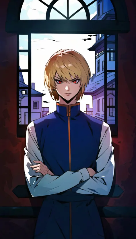 (cowboy shot), sfw, (masterpiece), (best quality:1.0), (ultra highres:1.0), detailed eyes
BREAK
<lora:Kurapika:0.7> Kurapika, 1boy, male focus, red eyes, smug, arms crossed
<lora:BIWv2:1> fh
BREAK
(window, indoors, gorgeous view)