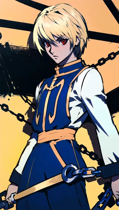 (cowboy shot), sfw, (masterpiece), (best quality:1.0), (ultra highres:1.0), detailed eyes
BREAK
<lora:Kurapika:0.8> Kurapika, 1boy, male focus, red eyes, surprised, posing, chains
blue tabard, white shirt, gold trim
<lora:SSBUSplashArt:1> SSBUSplashArt, character name
BREAK
(simple background, gorgeous view)